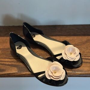 Melissa Black D'Orsay Flats with Blush Floral Accent